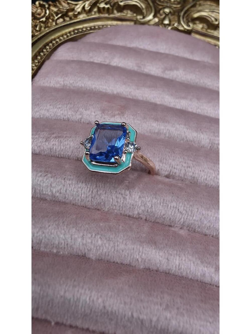 Blue Turquoise Emerald-Cut Zironia Halo Ring Size 8